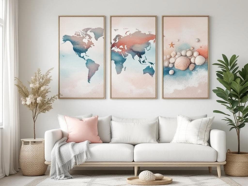 Themed world map wall art for beach-inspired home decor.