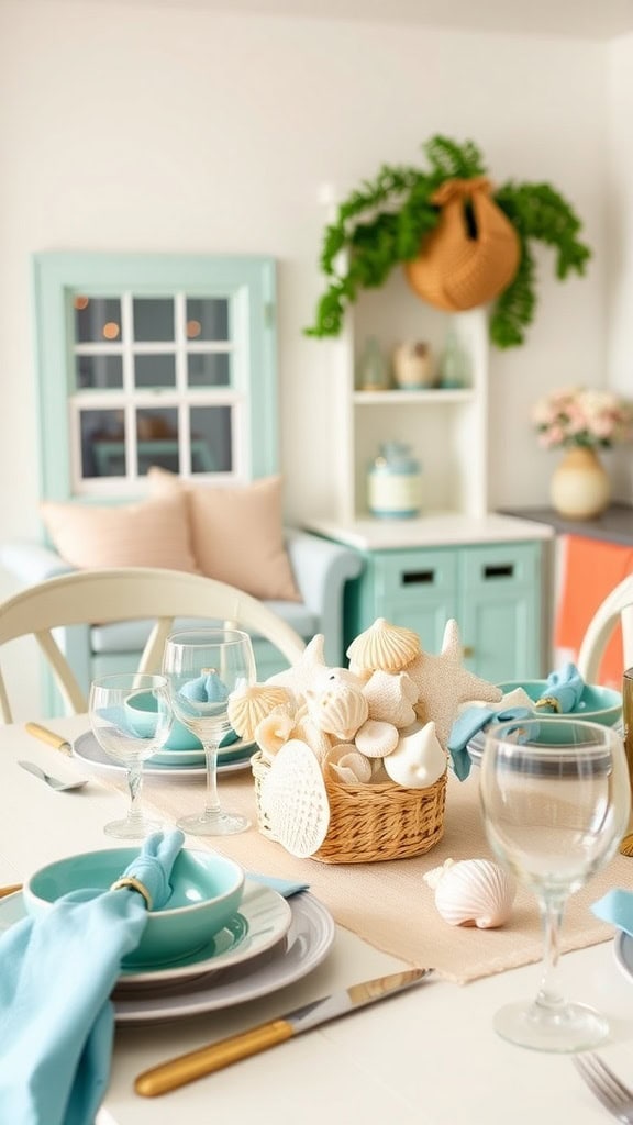 Beautiful seashell centerpiece with starfish and shells for beach-themed decor.