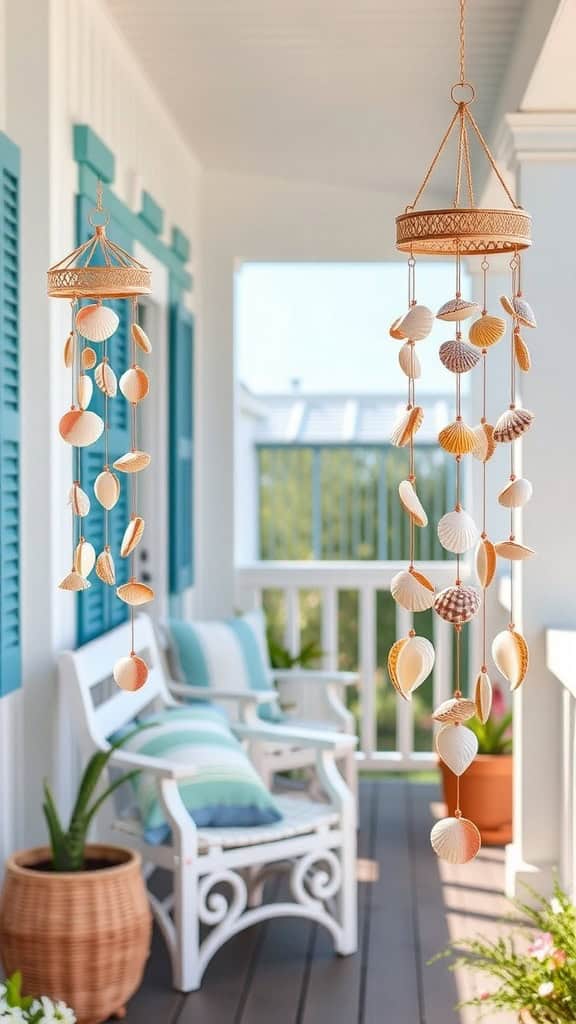 Beautiful seashell wind chimes hanging on a porch with outdoor seating.
