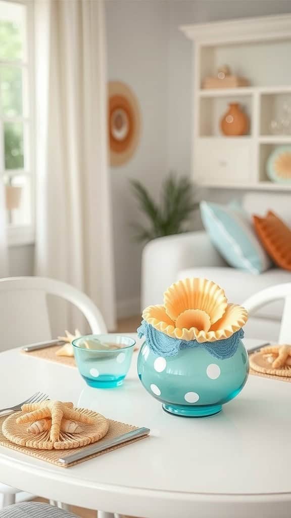 Elegant seashell centerpiece with beach-themed decor.