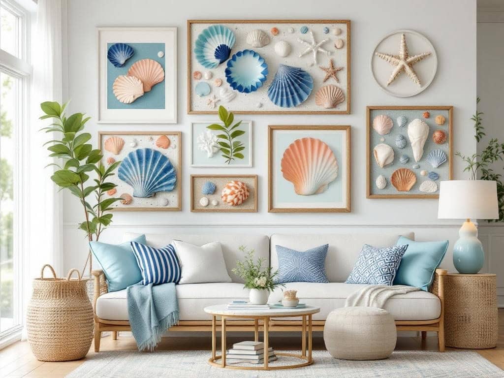 A cozy living room with seashell wall art featuring coastal blue accents, framed seashells, and a comfortable sofa.