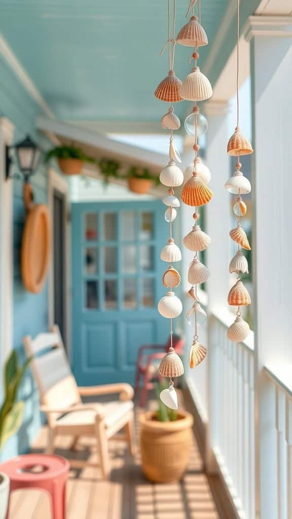 Beautiful seashell wind chimes hanging indoors, perfect for beach-themed outdoor spaces.