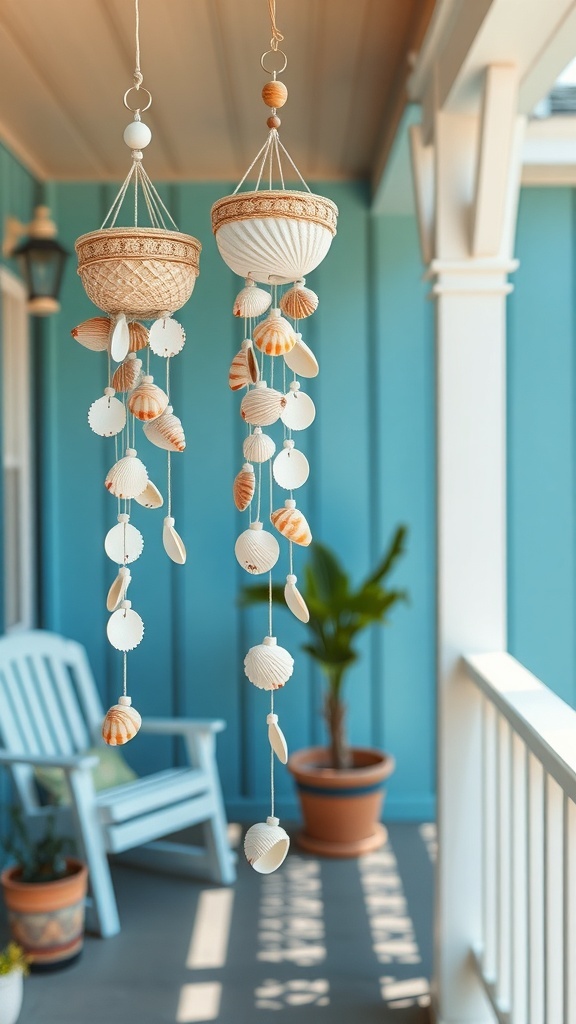 Beautiful seashell wind chimes hanging indoors on a porch.