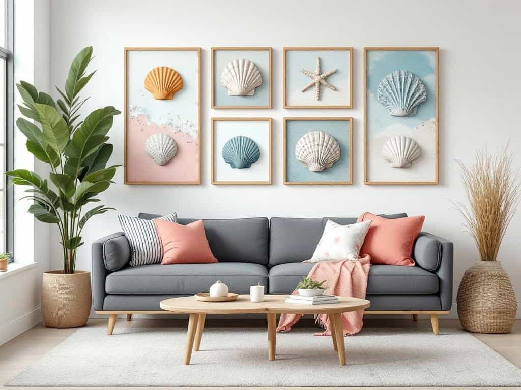 Beautiful seashell wall art display in modern coastal living room.