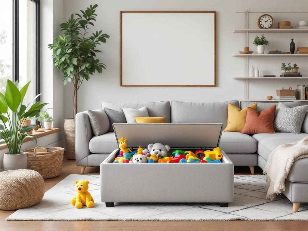A stylish storage ottoman filled with colorful toys in a cozy living room.