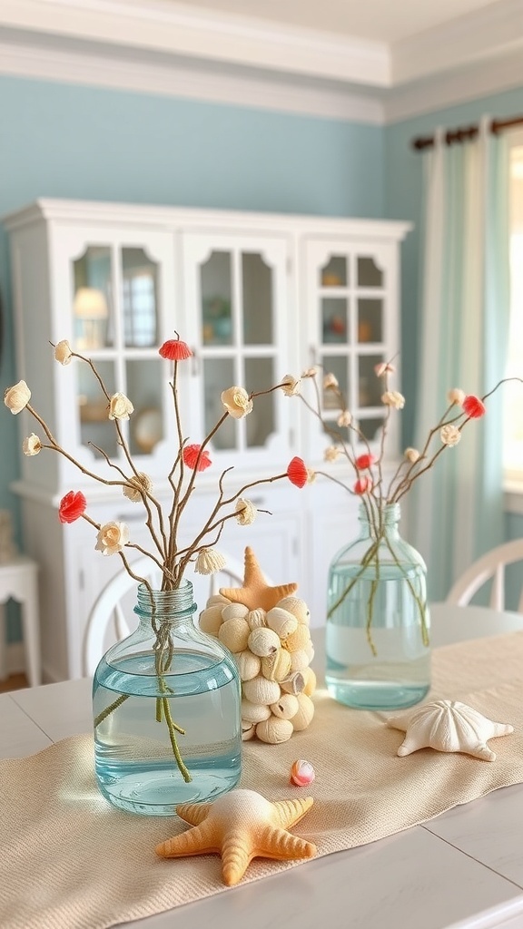 Glass vase seashell centerpiece with sand layers and decorative elements