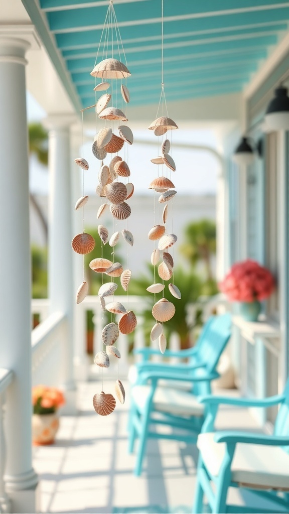 Delightful seashell wind chimes hanging on a porch with beach-themed outdoor decor.