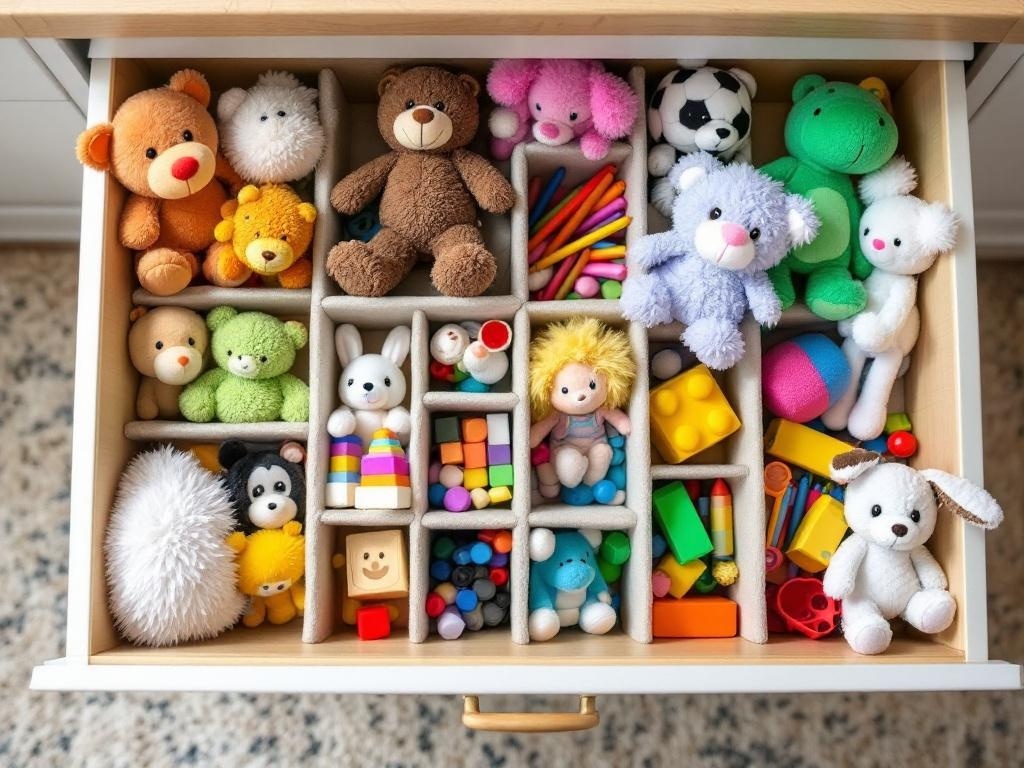 A neatly organized drawer with colorful toys separated by dividers.