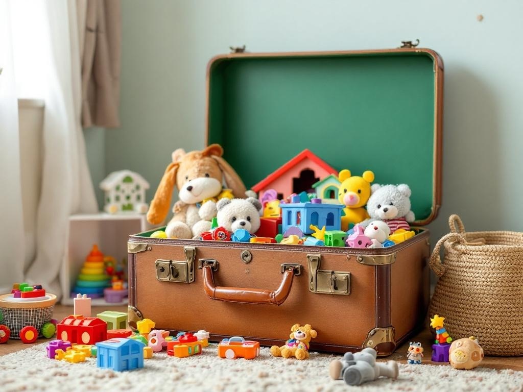 A vintage suitcase filled with colorful toys, including plush animals and building blocks, sitting on a rug.