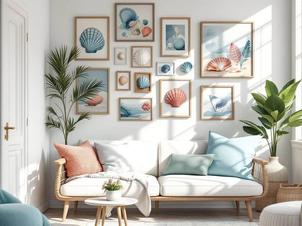 Beautiful coastal-themed seashell wall art arrangement in a bright, airy living room.