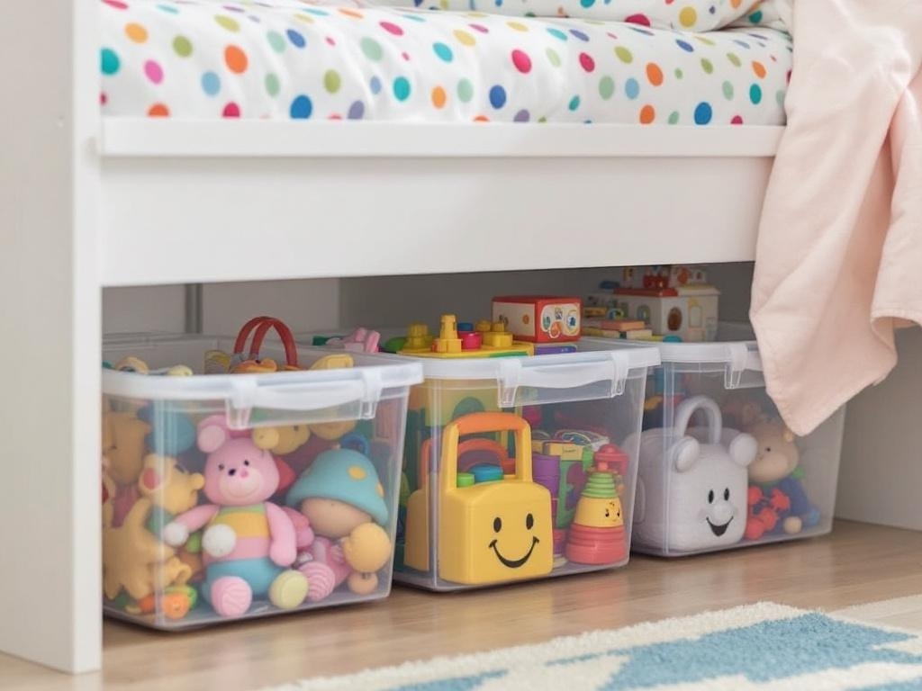 Under-bed storage bins filled with colorful toys for toy organization ideas.