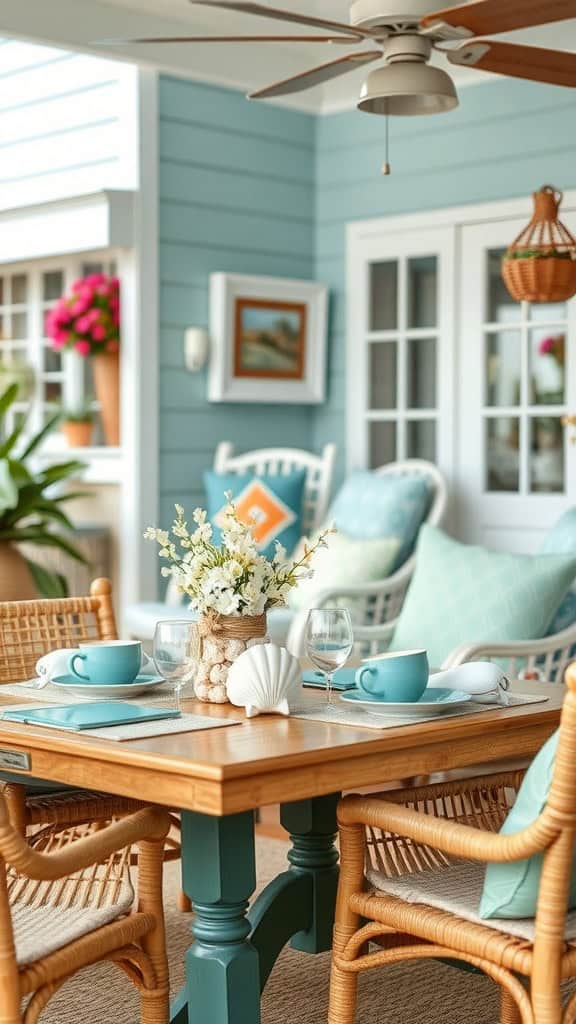 Beautiful seashell centerpiece for beach-themed decor in a cozy outdoor dining area.