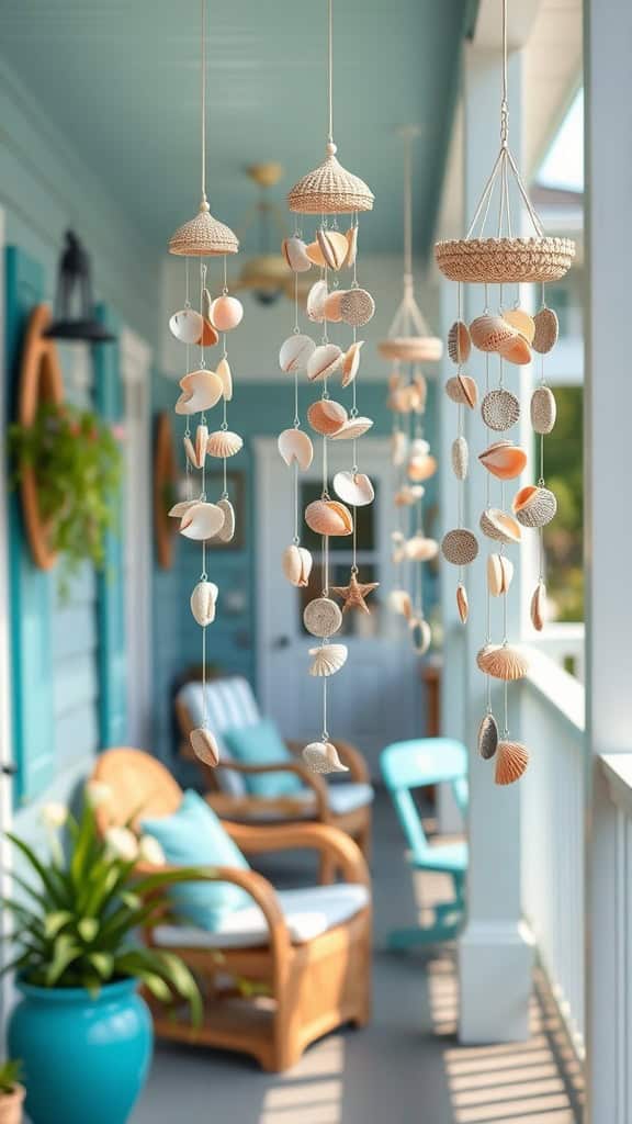 Beautiful seashell wind chimes hanging outdoors, perfect for beach-themed decor.
