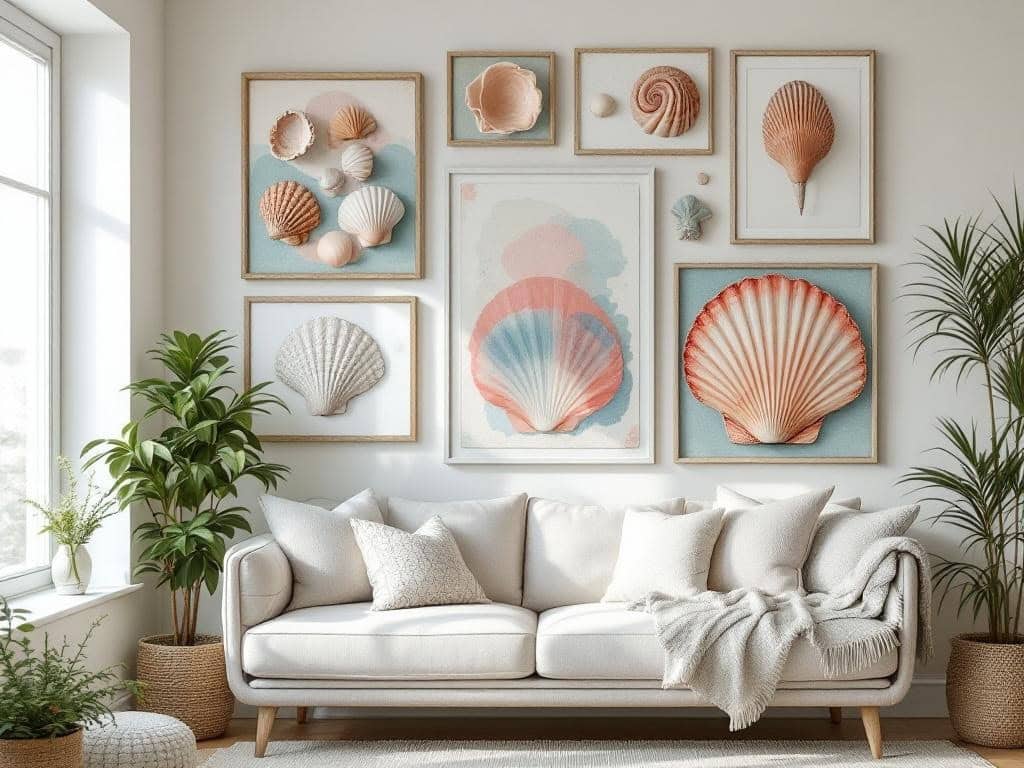 Beautiful seashell wall art arrangement in a modern living room.