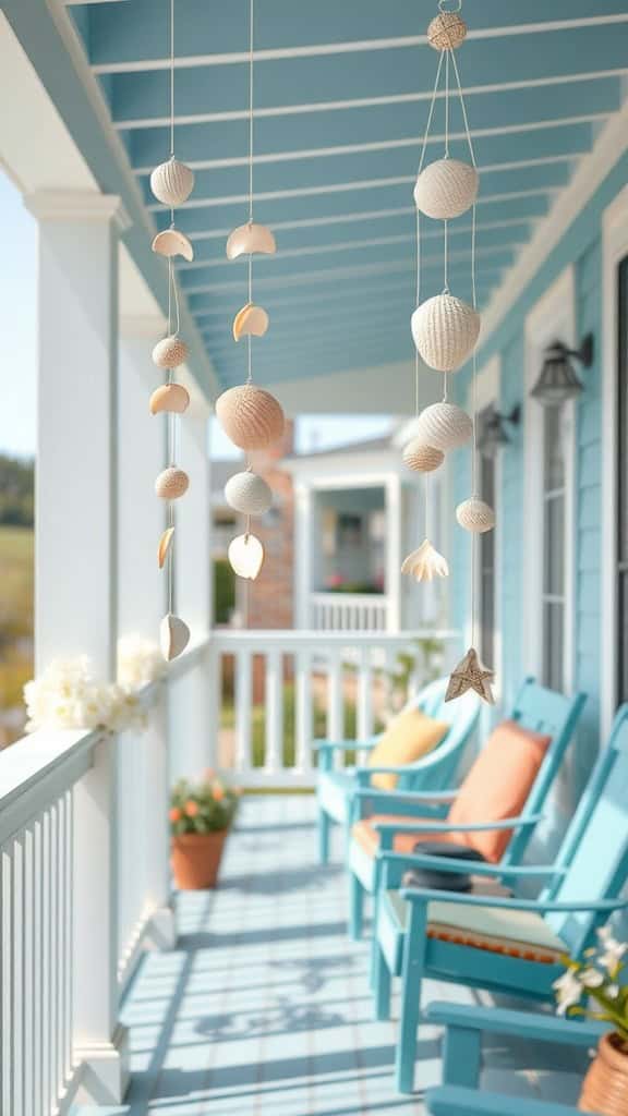 Beautiful seashell wind chimes hanging on a porch with blue chairs.
