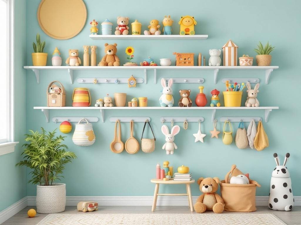 Colorful wall-mounted shelves displaying various toys and decorative items in a small playroom.