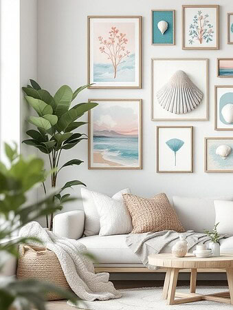 Beautiful seashell wall art arrangement for coastal home decor.