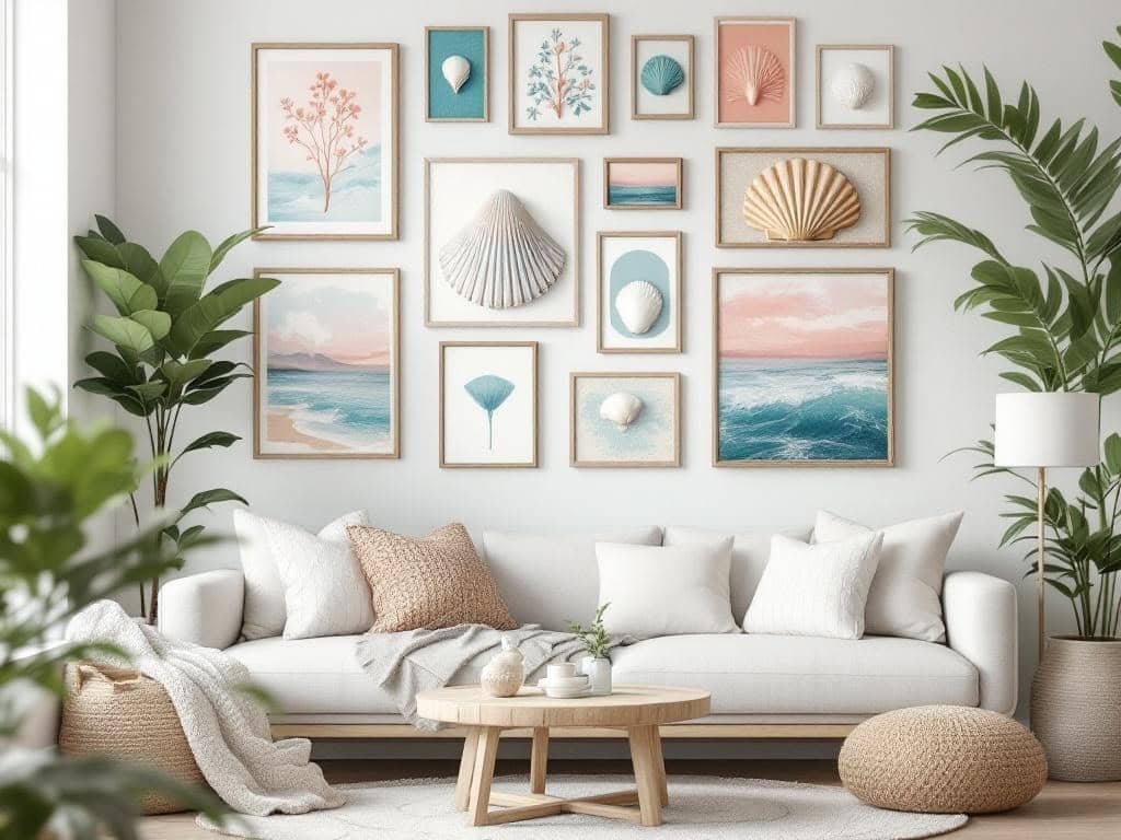 Beautiful seashell wall art arrangement for coastal home decor.