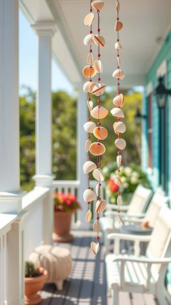 Delightful seashell wind chime hanging outdoors, perfect for beachy decor and outdoor spaces.