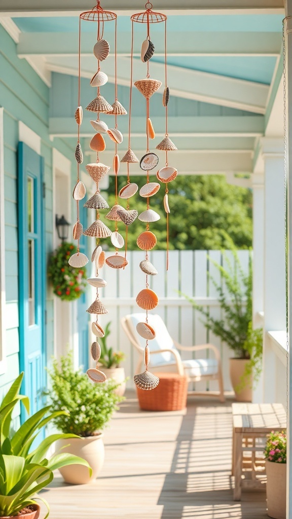 Delicate seashell wind chimes hanging outdoors on a porch, perfect for beach-themed decor.