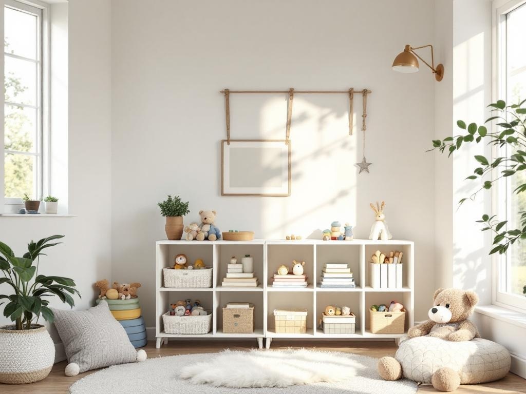 A bright playroom with corner shelves and a cozy seating area, showcasing effective toy organization.