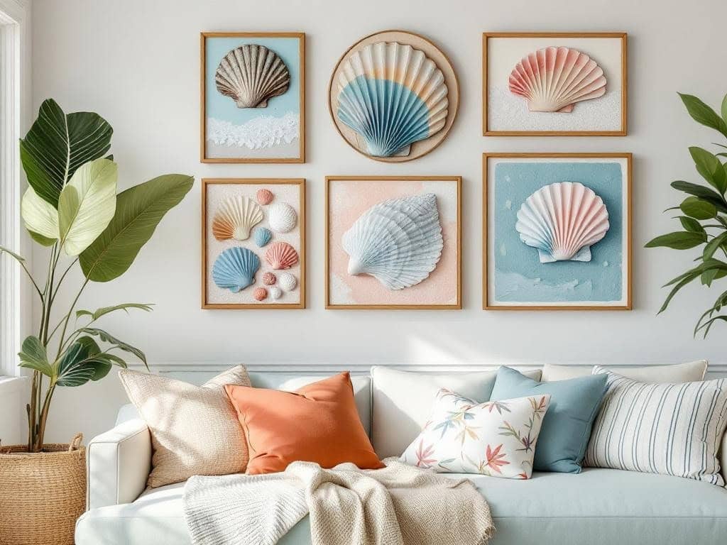 Colorful seashell wall art displayed in frames on a wall, with a cozy couch and plants in the foreground.