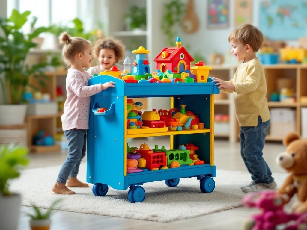 Children playing with a colorful portable toy cart filled with toys.