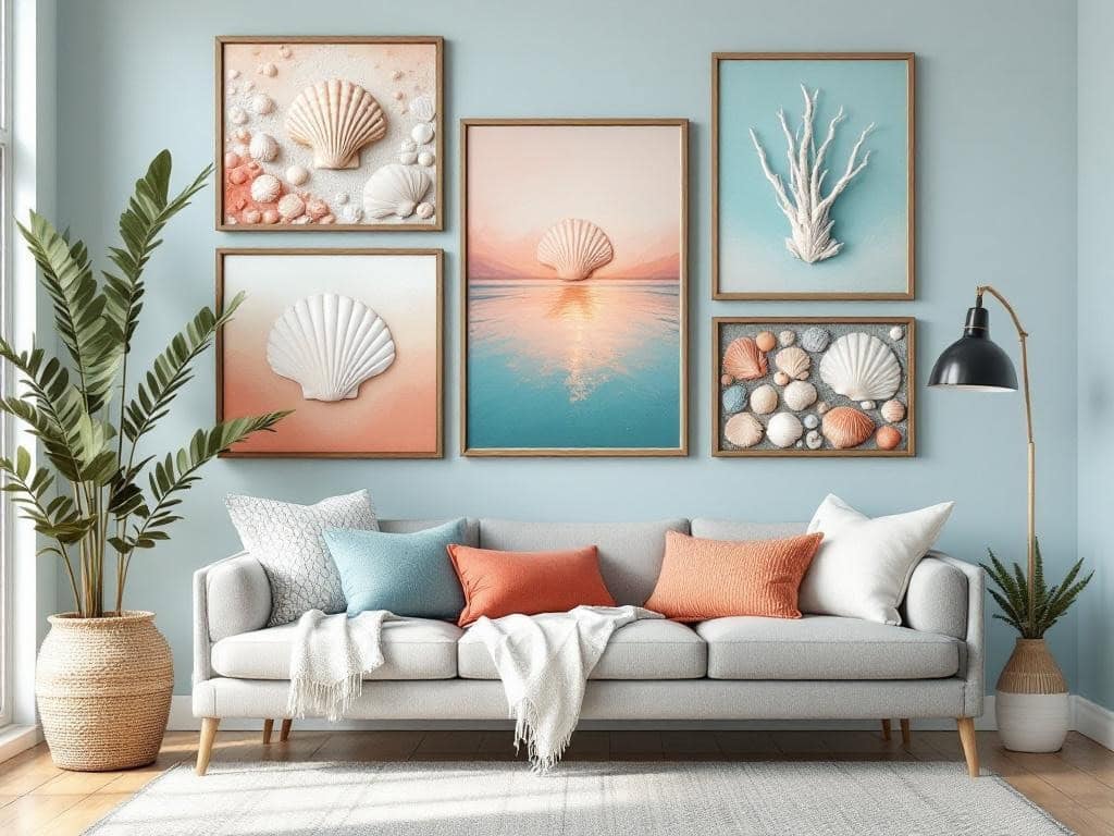 Framed seashell wall art displayed in a living room with a cozy couch and plants