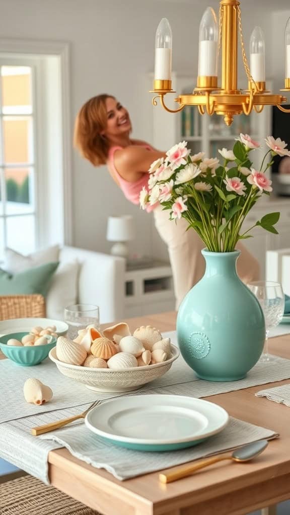 Themed flower arrangement in a pastel vase for beach-inspired decor.
