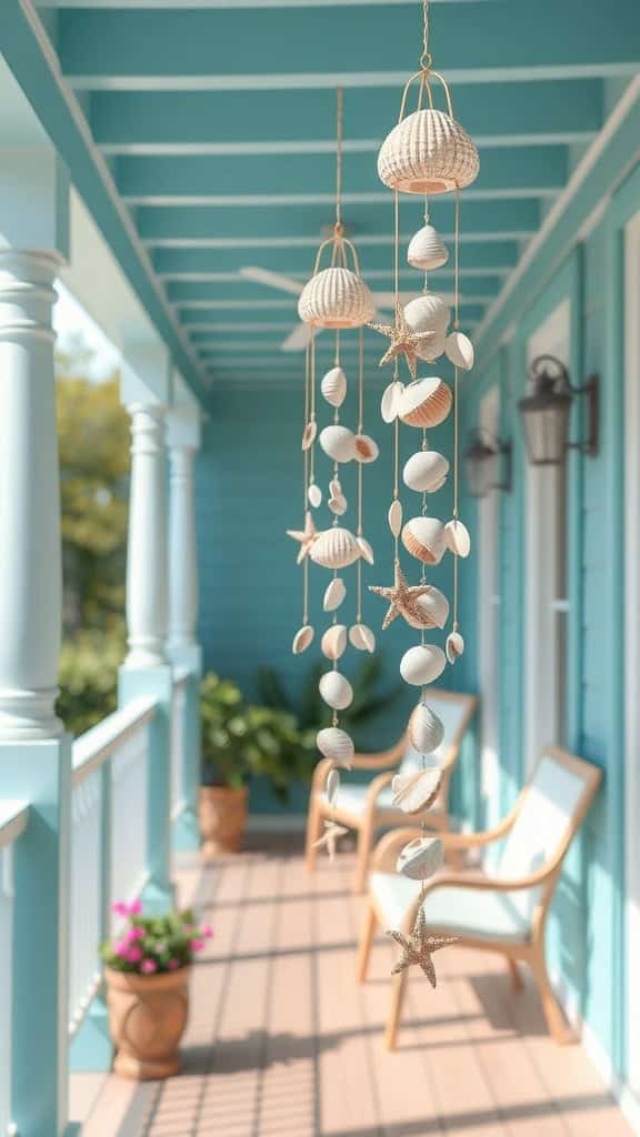 Beautiful seashell wind chimes hanging on a porch with chairs and potted plants.