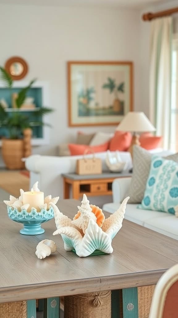 Beautiful seashell centerpiece with candles and coral accents.
