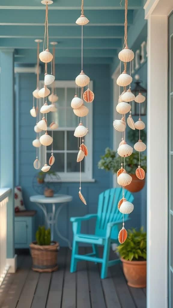 Beautiful seashell wind chimes hanging outdoors.