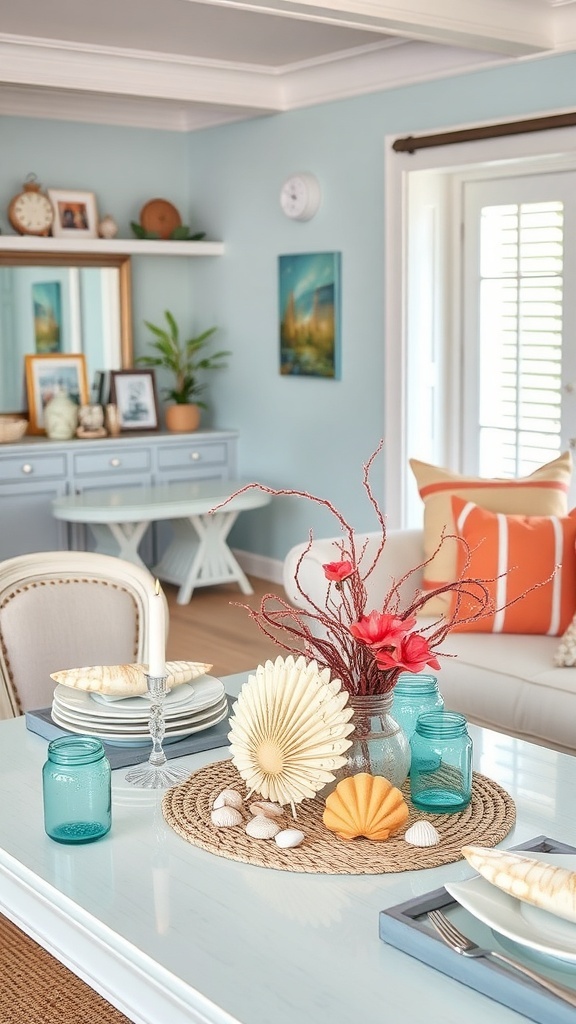 A beautifully arranged coastal table decor featuring seashells, candles, and vibrant flowers.