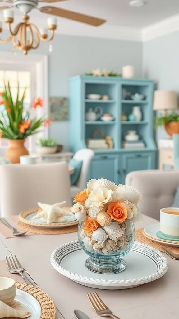 Elegant seashell centerpiece with peach flowers for beach-themed decor.