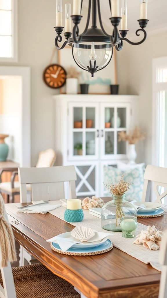 Elegant seashell centerpiece on a dining table with beach-themed decor.