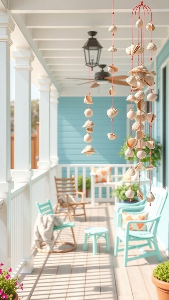 Beautiful seashell wind chimes hanging on a porch for beachy outdoor space.