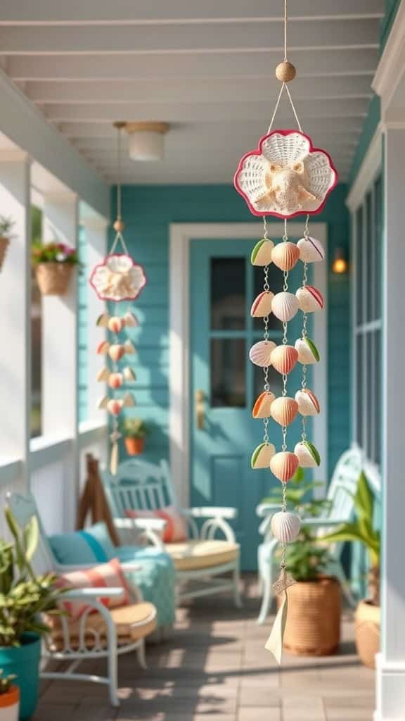 Delightful seashell wind chimes hanging on a porch, perfect for beach-inspired outdoor decor.