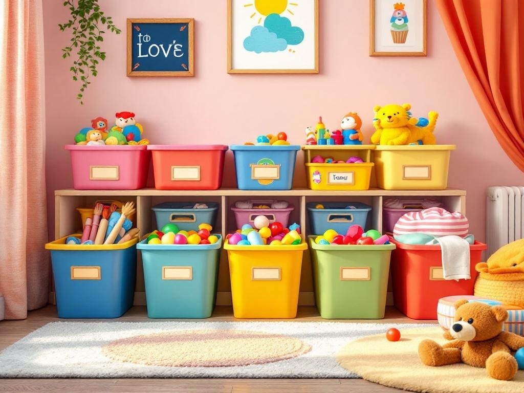 Colorful toy bins arranged on a shelf in a playful room setting.