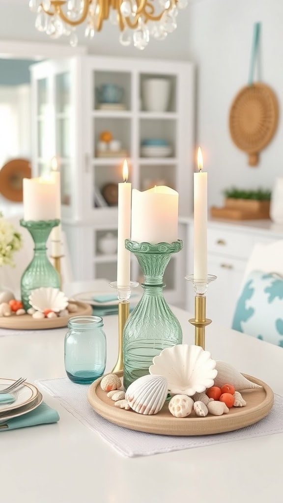Elegant seashell centerpiece with candles and coastal accents.