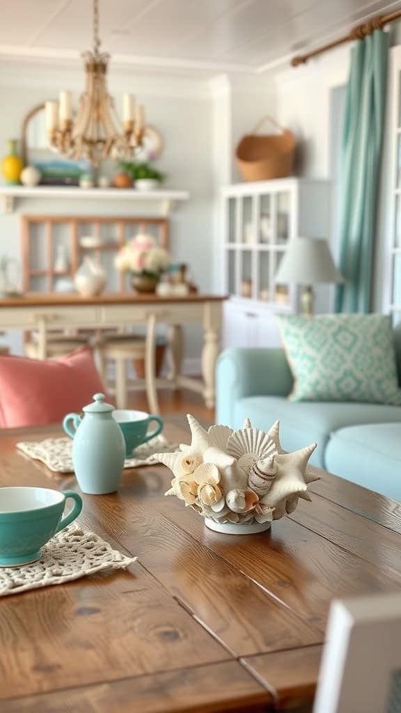 Beautiful seashell centerpiece on a wooden table in a cozy living room.