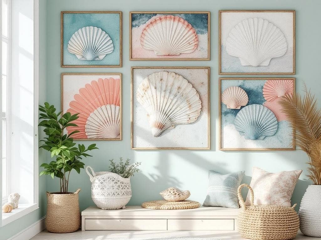A collection of seashells arranged in shadow frames on a light blue wall, showcasing coastal home decor.