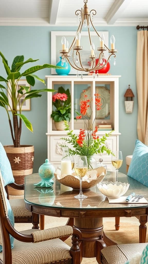 Elegant seashell centerpiece with vibrant flowers and decorative accents.