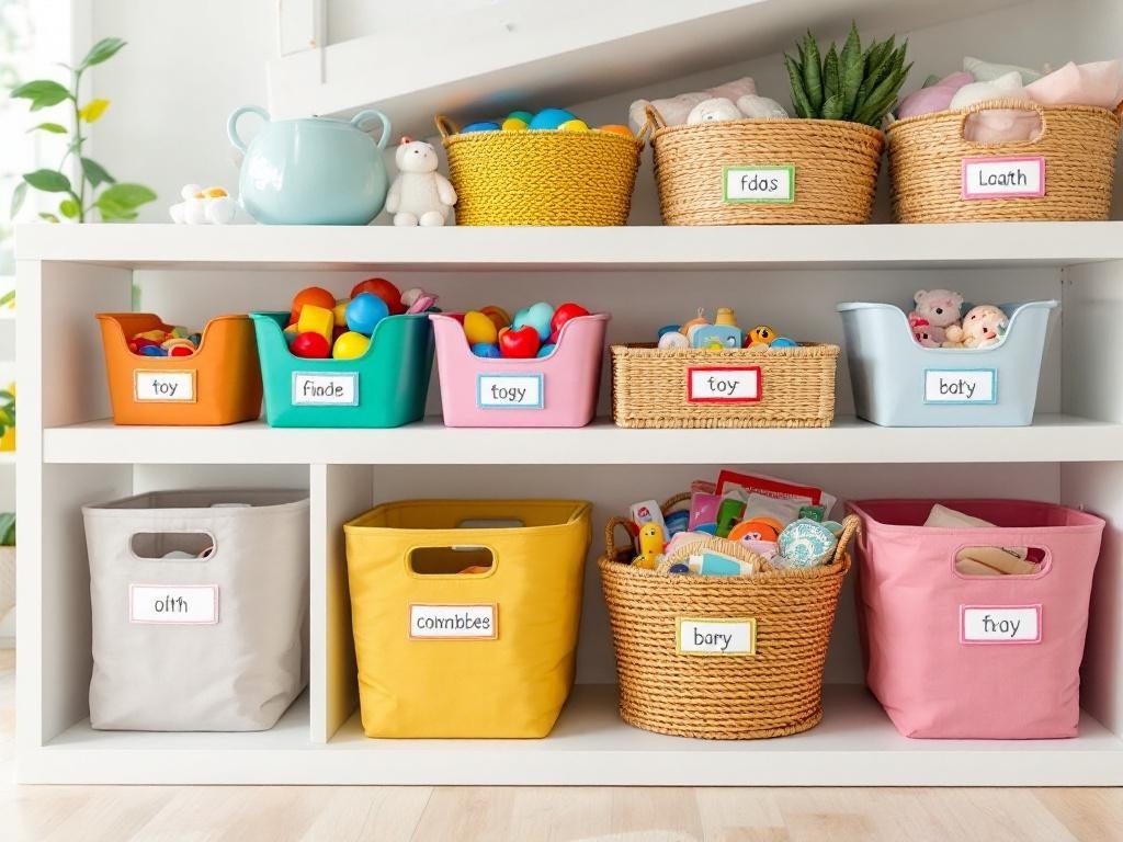 Organized toy storage with labeled bins on shelves.