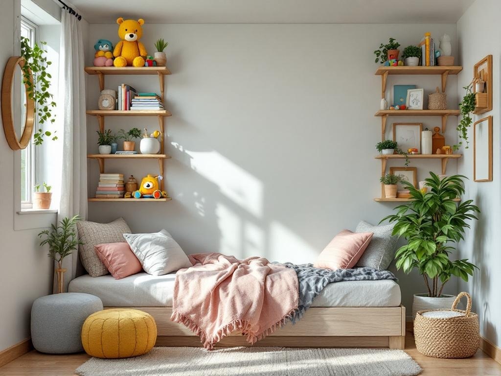 A cozy room with shelves displaying toys, books, and plants, showcasing effective toy organization.