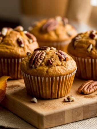 easy pumpking muffins displayed on wood cutting board.