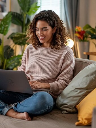 Woman smiling while shopping on laptop with Amazon Prime Video on TV in background, surrounded by Prime packages and fresh groceries in a plant-filled living room.
