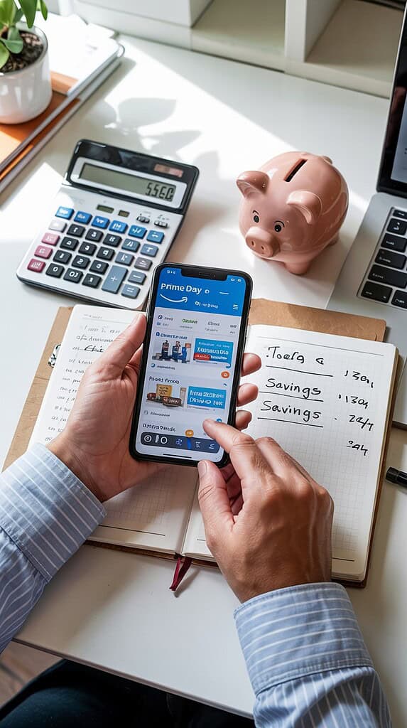 Person checking Amazon Prime Day deals on smartphone while tracking savings in a notebook, with calculator and piggy bank nearby on a bright desktop workspace.