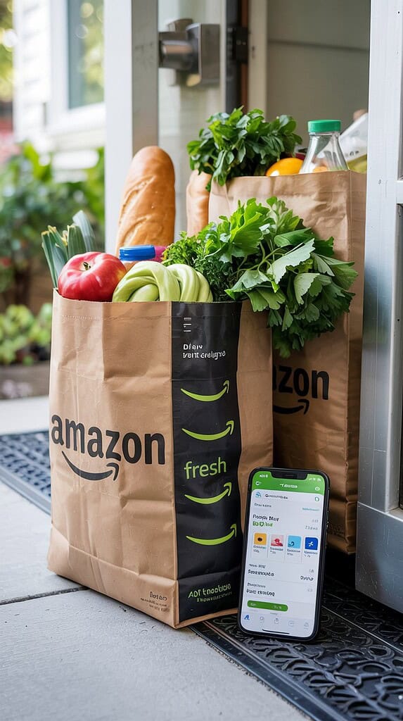Amazon Fresh grocery delivery bags filled with fresh produce, bread, and groceries on a doorstep with a smartphone displaying the Amazon app.