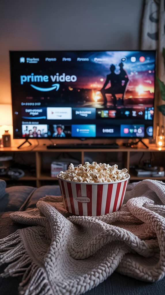 Cozy movie night setup with Amazon Prime Video playing on TV screen and a striped bucket of popcorn on a knitted blanket.