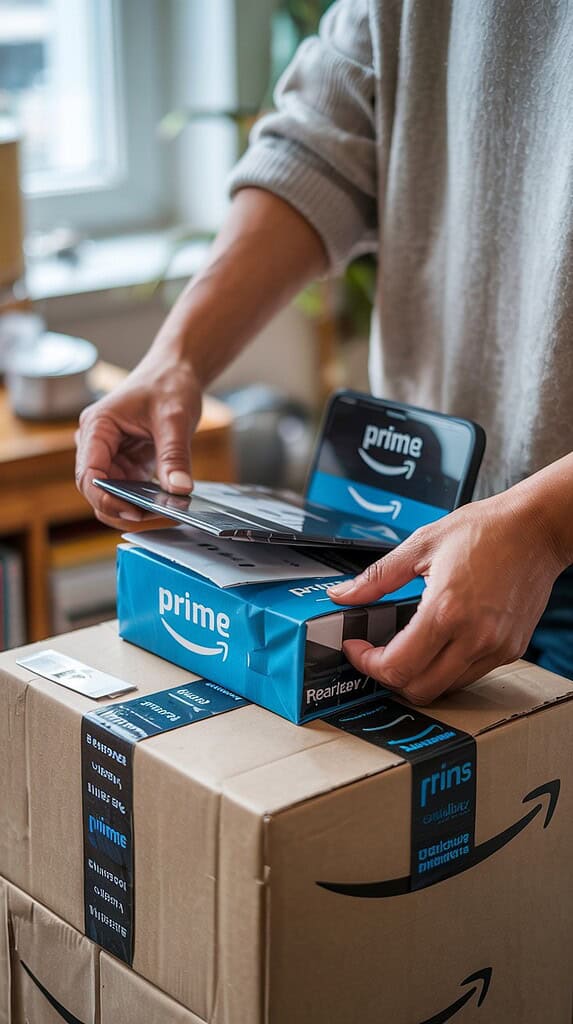 Hands opening Amazon Prime packages stacked on top of each other, showcasing Prime's delivery service.